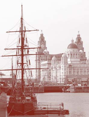 view of the 'Three Graces' from Albert Dock